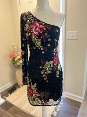 PRIMAVERA black with pink, red, and green one sleeve homecoming dress size 8